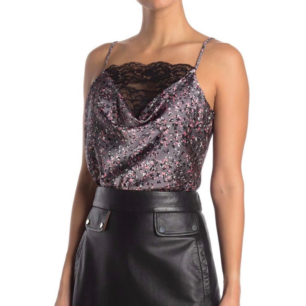 WAYF Cowl Neck Lace Trim Bodysuit Floral
